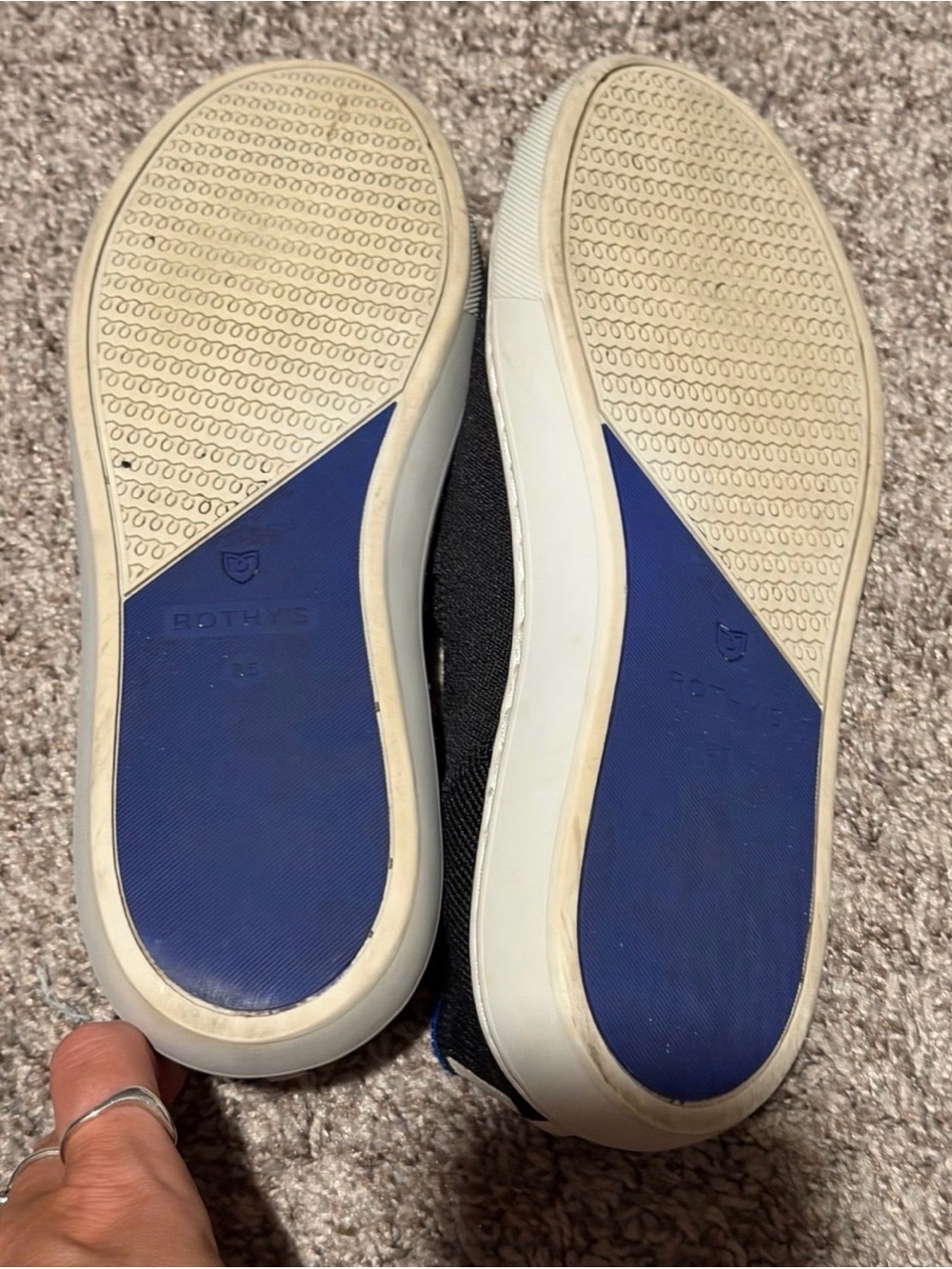 Rothy's Black Slip-On Knit Sneakers with Blue Stripe - Picture 2 of 2